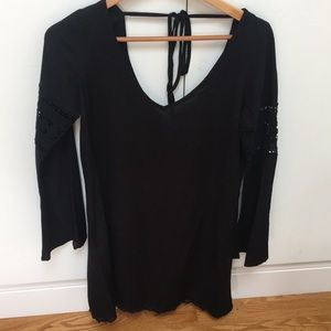 Black bell sleeve eyelet dress